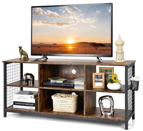 COSTWAY Mobile TV Industriale Fino a 65, Tavolo Multimediale a 3 Ripiani con Cesto Portaoggetti, Mobile TV in Legno con 2 Fori per La Gestione dei Cavi, 140 x 40 x 63 cm