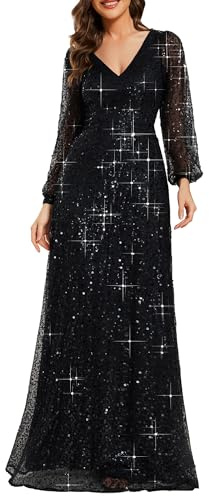 Ever-Pretty Women's Sequin A-Line V Neck Long Sheer Sleeves Tulle Evening Prom Dresses Black 16UK