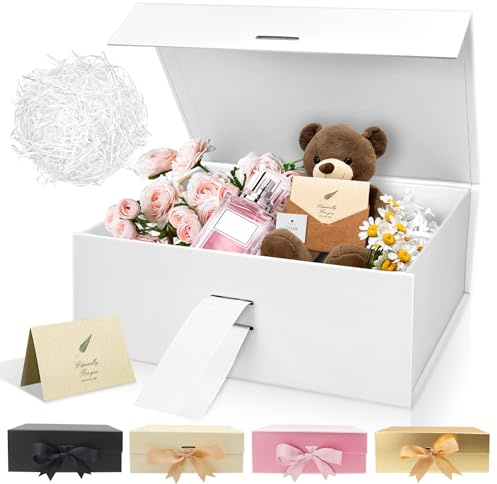 Geschenkbox 22 * 16.5 * 8,5cm, Sekepingo Weiß Gift Box mit Band, Papier& Grußkarte Party Favor Box für Hochzeit, Geburtstag & Muttertag