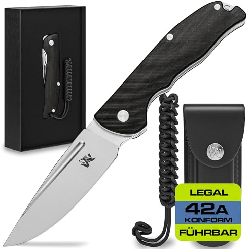 Wolfgangs RAVUS Zweihandmesser Klappmesser aus D2 Stahl und Ebenholz-Griff - Legales Taschenmesser - Outdoor Survival Messer Mit Leder Holster