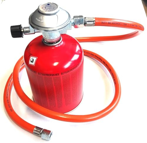 Zatechs Einstellbarer 7/16“ Propan-/Butan-Kartuschenregler mit Gasflasche und Schlauch für den Anschluss des Grills - Touristenkit