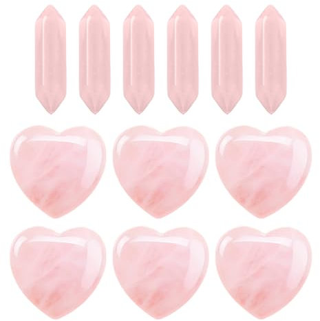 Lot de 12 pierres de cristal en forme de cœur à double pointe hexagonales - Quartz rose - Décoration de bricolage