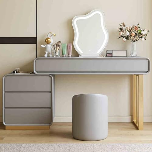 Schminktisch Mit Spiegel Und Beleuchtung, Stuhl, Schublade Aus Weichem Samt, Leise Gleitschiene, Links Und Rechts Austauschbar, Ausziehbarer Lagerschrank, Fürs Schlafzimmer Ernqi(Light gray,C_31.5IN)