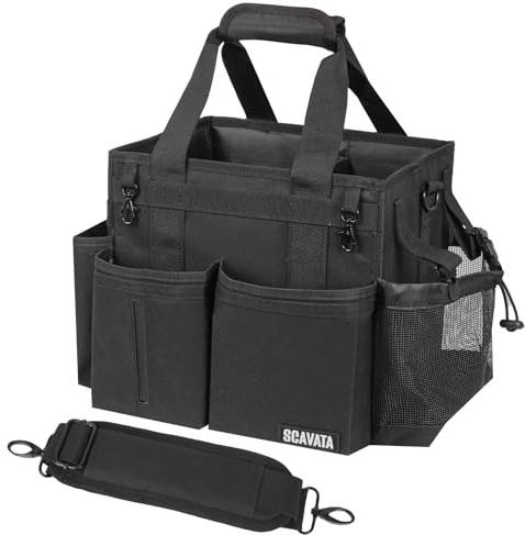 SCAVATA Compact Wearable Cleaning Caddy, Small Supplies Organizer with Handle & Shoulder Straps for Housekeepers, Under Sink & Car Cleaning Tool Organizer Bag (Black)