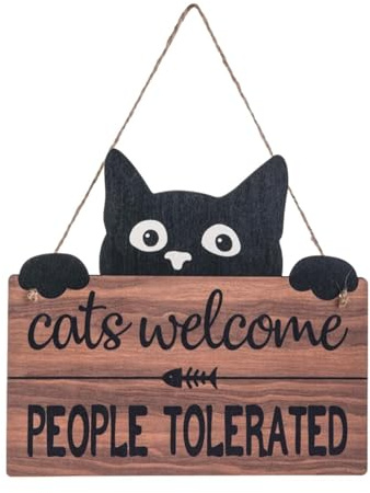 LOVIVER Panneau de Bienvenue pour Chat Amusant, Pendentif en Plaque en Bois pour Chaton, Panneau de Décoration Murale pour Amoureux des Chats pour Café, Boutique