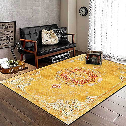 SJHDHDA Neuer waschbarer Wohnzimmerteppich, rutschfeste Akzentteppiche, Schlafzimmer-Esszimmer-Flurteppich, weicher Kurzflorteppich, Ethno-Stil, goldene Gartenblumen, 120 x 170 cm Learned extensively