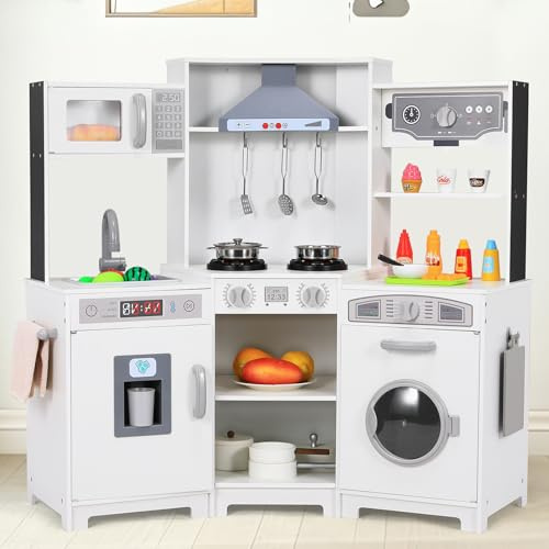 Cuisine d’Angle Enfants, Cuisine Enfant avec Lumière et Son, Cuisine en Bois Enfant avec Machine à Laver, 102 x 30 x 92 cm Jouet Cuisine Enfant, Jouet d’Imitation pour Tout-Petits de 3 Ans+, Blanc