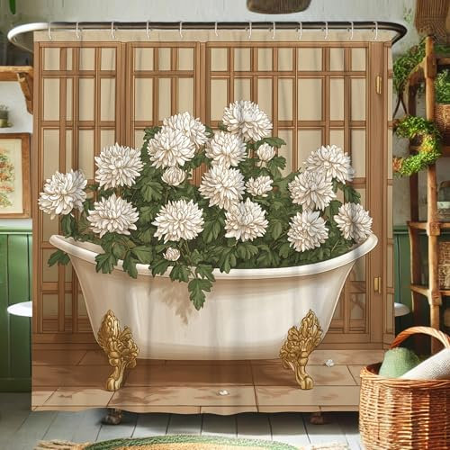 Tenda da doccia floreale bianca, design con piante di crisantemo, decorazione per il bagno, tenda da doccia moderna vintage in tessuto impermeabile con ganci, 183 x 183 cm