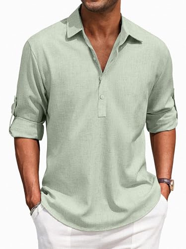 Puimentiua Leinenhemd Herren,Langarm Leinen Hemden,Loose Fit Sommerhemd,Leichte Sommer Hemd mit Knöpfe (Grün,XL)