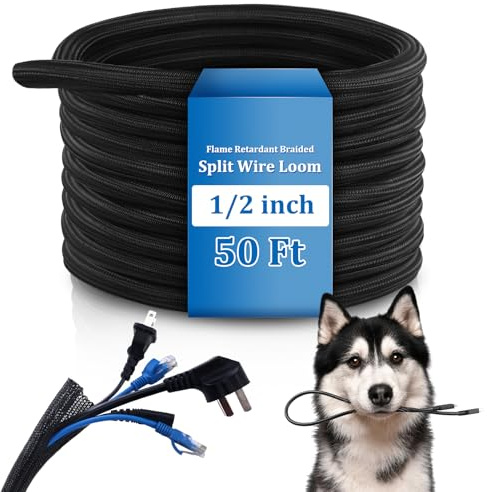 Pangda 50ft Split Wire Loom Tubing Flame Retardant Braided Cable Sleeve Split High Temperature Cable Conduit Auto Wire Conduit for Industrial Electrical Tinsel Automotive Marine (100 Ft, 1/2)
