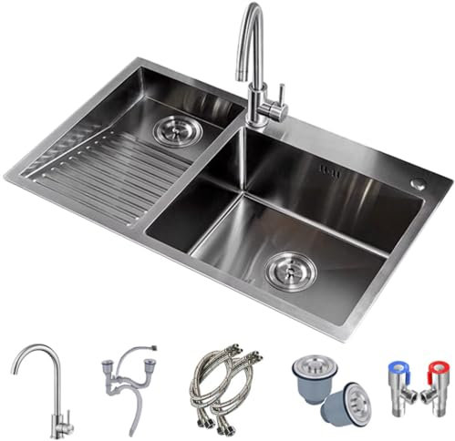 GLMGBP Lavabos de baño OM con Tabla de Lavar, Fregadero Grande de Acero Inoxidable 304, Fregadero de Cocina Multifuncional con Grifo de Curva Grande y desagüe (Color: Plateado, tamaño: 90 x 48 x 21