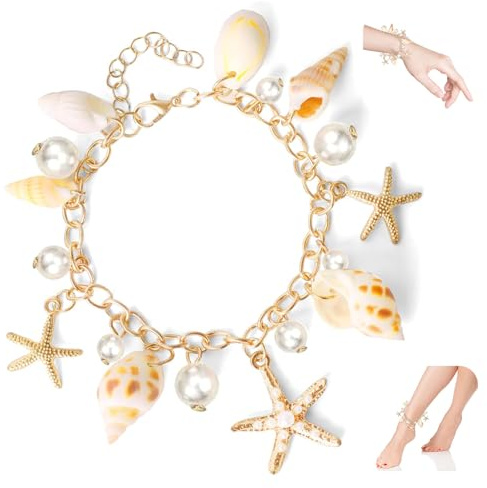 IHLOOTD Muschel Armband Gold, Fußkette Seestern, Seestern und Muschel Armband, Fußkettchen Muscheln, Boho Armbänder, Strand Fußkettchen für Sommer Accessoires, Geburtstagsgeschenk