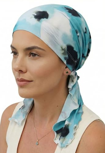 Deresina vorgebundenes Chemo-Bandana für Frauen – Weicher Bambusturban & Kopftuch bei Haarausfall & Alopezie – Atmungsaktive Kopfbedeckung (Gemustertes Blaugrün - Einheitsgröße)