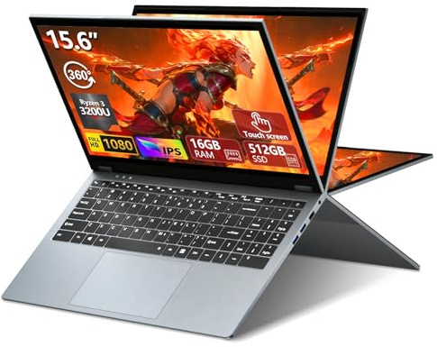 Ordenador portátil 2 en 1, portátil convertible de 15.6 pulgadas, DDR4 de 16 GB SSD de 512 GB, pantalla táctil con AMD Ryzen R3 3200U, AMD Radeon, FHD 1080P, pantalla táctil giratoria de 360°, teclado