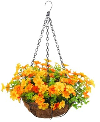 JOYWU Artificial Hanging Plants Flowers Basket for Outdoor,44 x 28cm Hanging Colorful Daisy Artificial Flowers and Green Leaves in Coconut Pot,Outside Spring Summer Hanging Decoration (Orange)