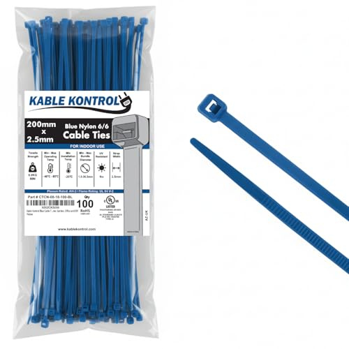 Kable Kontrol Blue Cable Ties, 200 mm x 2.5 mm, Pack of 100, 8 Premium Nylon Zip Ties, Multi-Purpose Plastic Tie Wraps, Secure Self-Locking Mechanism, for Home, Garden, Office and DIY