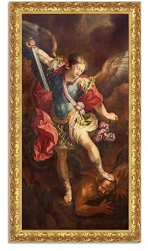 LuxHomeDecor Guido Reni - San Michele sconfigge Satana - Quadro stampa su tela effetto dipinto con cornice in legno oro classico - 80x45 cm