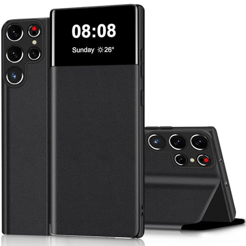 Wallet Case für Samsung Galaxy S22 Ultra Hülle Clear View Handyhülle für Samsung S22 Ultra Klapphülle Flip Cover mit Ständer Stoßfest Kratzfest Leder Schutzhülle Kartenfach Handytasche 5G (Schwarz)