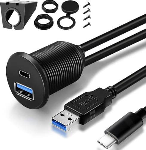 VISSQH USB C & USB A Male to Female Panel Mount Coupler,Dual Ports USB 3.0 Panel Mount Connector Extension Cable for Car Truck Boat Motorcycle(1m)