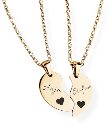 Herz Halskette für Paare mit Gravur | personalisiert mit Name, Datum, Spruch | Damen, Herren, Freundin, Verliebte | Kette verstellbar 45 cm, wasserfest mit Rückseite