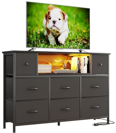 Flrrtenv Chest of Drawers, 8 Fabric Drawers Cabinet, 120CM TV Stand with Power Outlets and LED Lights for 55'' TV, for Bedroom Living Room & Entryway, Home Office, Console Table, Black