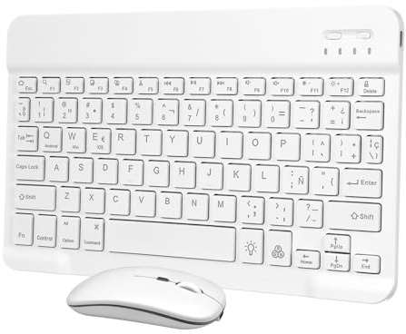 LRXIYODE Teclado y Ratón Inalámbricos Retroiluminados Blanco Recargable Compacto para Múltiples Dispositivos Pegatinas Español Portátil y Silencioso para Tablet y Teléfono
