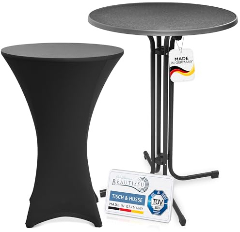 Beautissu Outdoor Stehtisch klappbar mit Husse Partytisch Bistrotisch TÜV | 80cm Grau Schwarz wetterfester platzsparender mit Stretch Stehtischhusse Gastro-Qualität Stella Grauer Gartentisch Sylt
