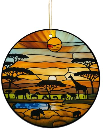 Acrylic Stained Glass Suncatcher Ornament – African Safari Sunset with Giraffes Elephants Trees – 4 Inch Acrylic Window Hanging Boho Home Décor Gift for Animal Lovers, Christmas Tree, (Sun-31)