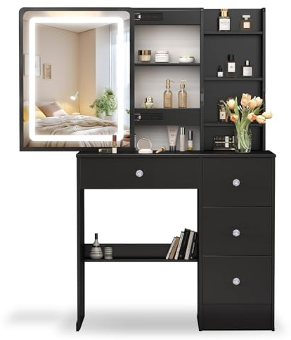 ANCOLOV schminktisch mit Beleuchtung 80 cm Breit Kosmetiktisch mit LED Spiegel und Licht und Stauraum, Make Up Tisch mit 4 schubladen, Beleuchtung einstellbar Dressing Table, Modern Schwarz
