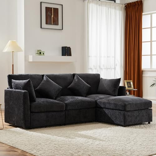 DACHETOU Modernes Design Chenille-Stoffsofa, Grau 160x220cm Dreisitzer-Sofa, Viersitzer-Sofa, L-förmiges Ecksofa mit Fußhocker, geeignet für Wohnungen