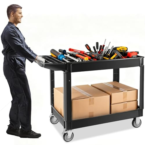 TOROKOM Heavy Duty Utility Cart on Lockable Wheels, 2-Tier Capacity Rolling Trolley Cart Multi-Purpose Service Handcart with Handle Black Storage Organizer Mobile Tool Cart for Warehouse (550lbs)