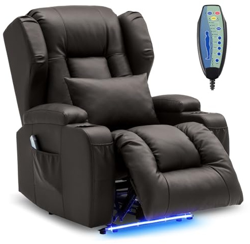SITURAY Elektrisch Verstellbar Relaxsessel mit Liegefunktion | Fernsehsessel TV Sessel mit Massage und Wärme, Modern Kinosessels mit LED/USB, bis 150 kg, Kunstleder Braun