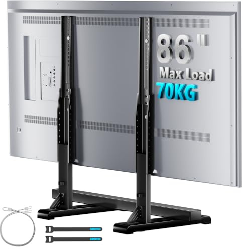 BONTEC Universal Table Top TV Stand, 24-86 Inch, 7 Height Levels, 70 kg | VESA 100x100 to 800x600 mm, anti tip safety strap, hidden support feet, TV legs, low profile design, living rooms, black