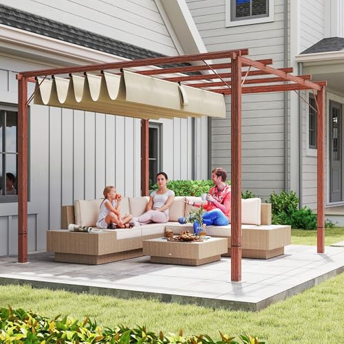 HOMELEN 3x3 m Gartenpergola mit einziehbarem Terrassendach (UPF30+), robustem Aluminiumrahmen (8x8 cm), Holzoptik, inkl. Bodenpfählen & Ankerbolzen – für Rasen, Beton & Zement
