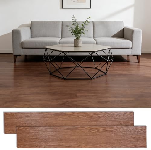 Floor Tiles Self Adhesive, 36Pcs 5.02m² Vinyl Flooring Wood Effect Peel and Stick Tiles, Waterproof Floor Stickers 2 mm Thick for Kitchen Living Room Bedroom Bathroom Office, 91.4x15.2cm (Dark Brown)