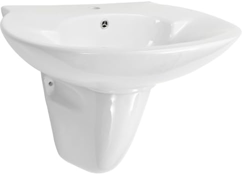 Xhnifbn Lavabo in ceramica con colonna, montaggio a parete, bianco, moderno, 690 x 520 x 210 mm, per bagno e WC degli ospiti, lavabo con troppopieno e foro per rubinetto da 35 mm