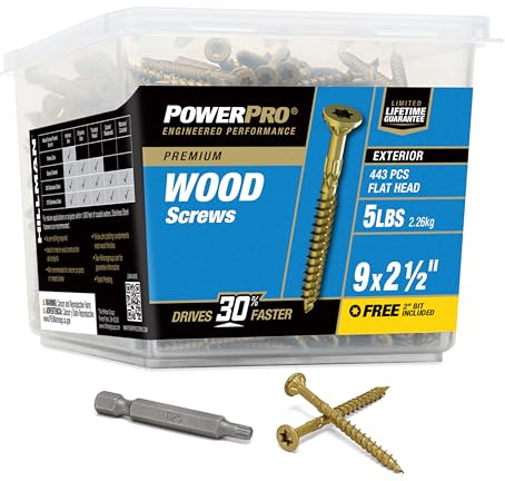 Power Pro 48610 Wood Screws, #9 x 2-1/2, Premium Outdoor Deck Screws, Rust Resistant, Epoxy Coated Bronze, 5lb Tub, 501 pcs | Bronze epoxy finish, star drive with flat head, for deck boards and treated lumber, T25 bit included, reduces splitting