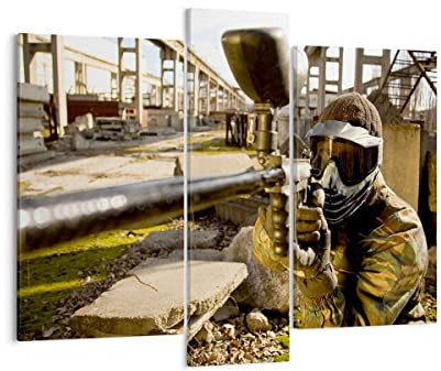 Mehrteilige Bilder auf Leinwand Paintball Pistole Spieler Leinwandbild 95x80cm Wandbilder Dekoration Wohnzimmer Schlafzimmer Set 3 teilige Groß Wanddeko Bild Wand Kunstdruck Art Canvas CB95x80-0140