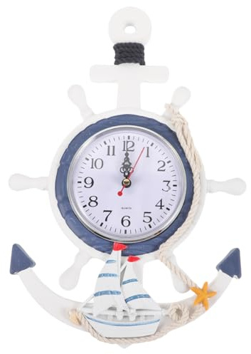 WINOMO Anchor Wall Clock Beach Themed Decor Mediterranean Style Sea Theme Nautical Ship Wheel Rudder Steering Hanging Decoration Silent Ticking 13.19X8.86X1.18In