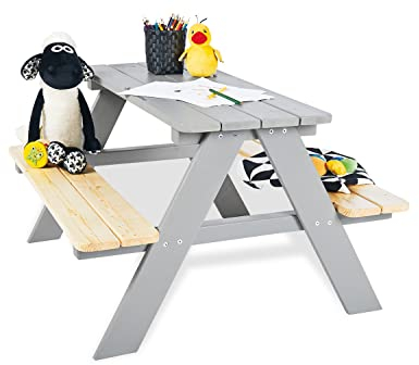 PINOLINO Nicki 4er Kindersitzgruppe - Kindertisch - Picknicktisch aus Massivholz, Kinder Spielbar - Langlebige Sitzbank für draußen, Kindergartenmöbel ab 2 Jahren, Outdoor-Tisch 90 x 79 x 50 cm, Grau