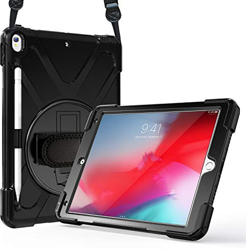 ProCase iPad Air 3 10.5 2019 /iPad Pro 10.5 2017 Hülle Case Handschlaufe,Robust Heavy Duty Stoßfest Hybrid Full Body Schutzhülle Cover, 360°Drehständer und verstellbar Riemen Schultergurt –Schwarz | Stoßfest, Schutzhülle, drehbarer Ständer, iPad Air 3. Generation 10,5 Zoll 2019/iPad Pro 10,5 Zoll 2017