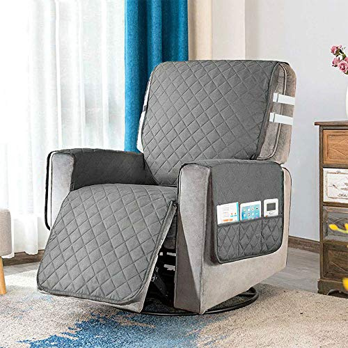 Ghopy Recliner Chair Cover Pad with 6 Side Pockets, 2 Tightening Straps and Adjustable Buckles Protective Armchair Sofa Cushion Furniture Protector (Grey)