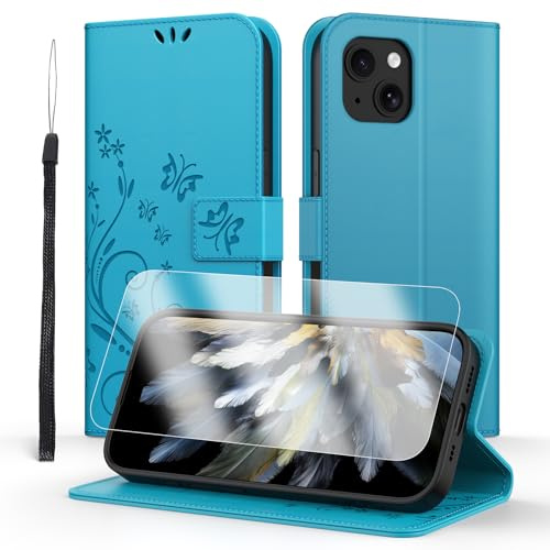 Anshow for iPhone 13 Case Wallet with Wrist Strap, with Screen Protector, Flip Leather Case with Cards Holder Phone Case with Kickstand Cover for iPhone 13, Blue