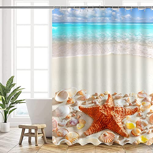 AMDXD Duschvorhang 180x200 Anti-Schimmel Shower Curtains Muscheln See Wasserabweisend Badewanne Vorhang aus Polyester Waschbar Badvorhang mit 12 Duschvorhängeringen