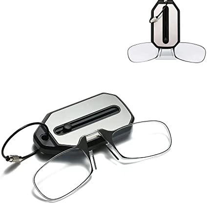 ROJADA Tragbare Mini-Schlüsselbund-Lesebrille ohne Zwicker, kompaktes faltbares Schlüsselbundetui und Leser, rechteckige Lesebrille, Flexible, armlose Komfort-Silikon-Nasen-Kneifbrille (Black,+200)