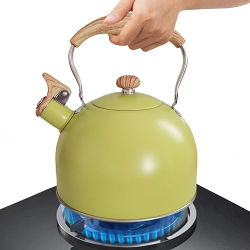EUBEISAQI Bouilloire sifflante rétro en acier inoxydable de 2,5 l pour eau chaude, rapide à ébullition, pliable à froid au toucher, jaune