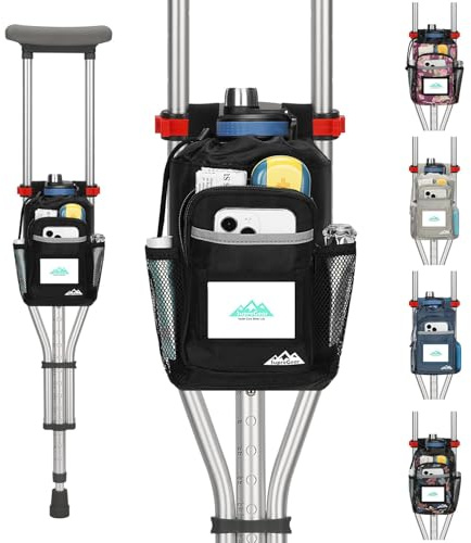 supregear Krücken Tasche, Große Kapazität Krücken Organizer mit Getränkehalter und Mehreren Taschen, wasserdichte Gehhilfen Tasche, Schwarz