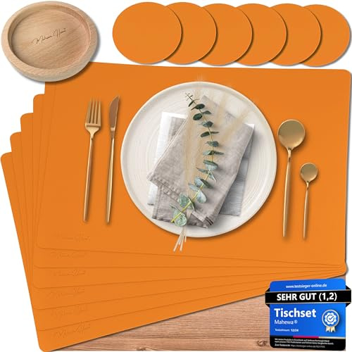 Mahewa® 6er Set Premium Tischset aus Kunstleder - Platzset abwaschbar und wasserdicht - Platzdeckchen Telleruntersetzer in Lederoptik (Orange, Eckig mit Halter)