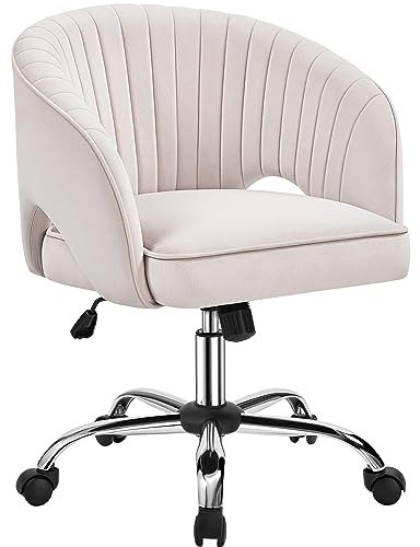 Yaheetech Silla de Oficina de Terciopelo con Rudas Giratorias de 360° con Función de Inclinación Sillon para Trabajo Altura Ajustable Tapizada de Terciopelo Crema