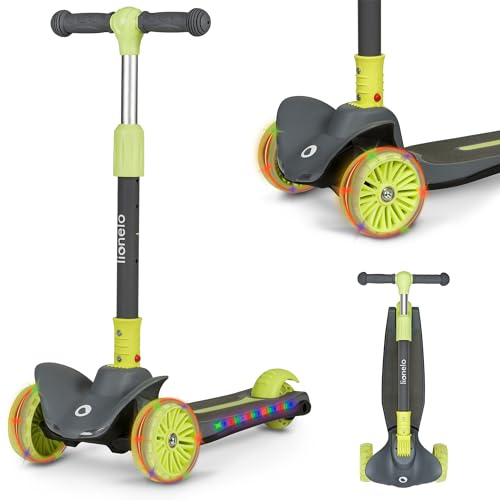 LIONELO Timmy Trottinette d'équilibre pour Enfants de 3 Ans jusqu'à 50 kg, Trottinette Enfant 3 Roues à Hauteur Réglable, Plate-Forme Antidérapante, Frein, Roues et Plate-Forme LED (Lime)